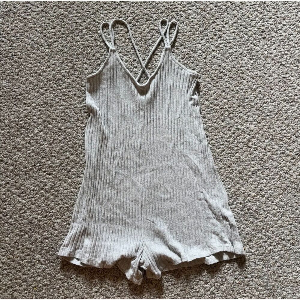 Project Social T grey ribbed knit romper with crisscross straps